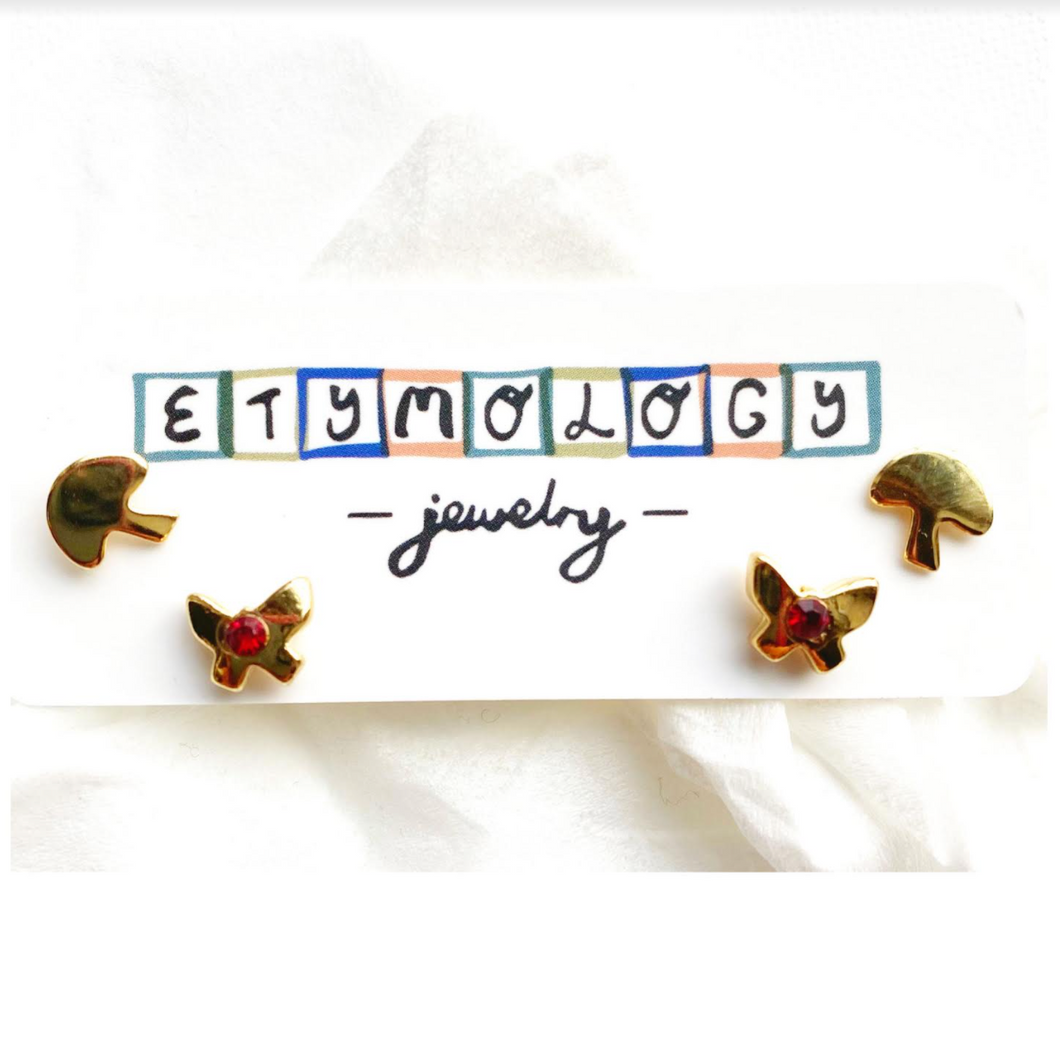 Stud Earrings- Butterfly and Mushroom Set